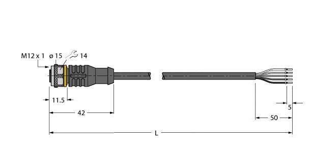 Technische Zeichnung eines M12-Steckers mit Maßen: Durchmesser 15 mm, Länge 42 mm. Kabelansicht mit Aderverteilung rechts.
