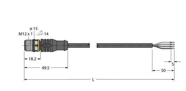 Technische Zeichnung eines Steckverbinders. Links Maße: Durchmesser 15 mm, Länge 18,2 mm und 49,5 mm. Kabel rechts mit 50 mm Länge.