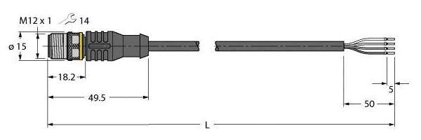 Technische Zeichnung eines Kabels mit einem M12-Stecker, zeigt Maße: Gesamtlänge (L), Steckerlänge (49,5 mm), Kabelendemaße.