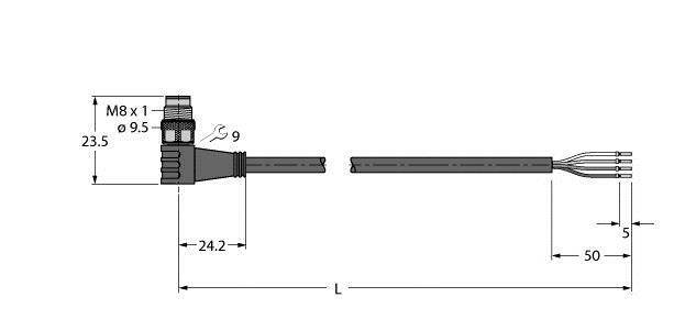 Technische Zeichnung eines Steckers mit Kabel, M8-Gewinde. Abmessungen: 23,5 mm Höhe, 24,2 mm Länge des Steckers, Kabelenden markiert.