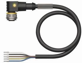 Schwarzes Kabel mit einem runden, gelben Stecker und fünf farbigen Drähten am Ende.