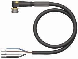 Ein schwarzes, gebogenes Kabel mit vier farbigen Drähten am Ende, geeignet für elektrische Anschlüsse.