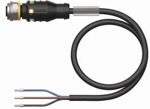 Elektrischer Kabelstecker mit drei freiliegenden Adern, jeweils in Blau, Braun und Grau, an einem schwarzen Kabel befestigt.