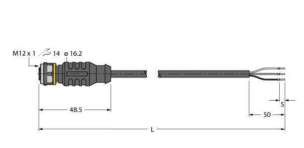 'M12 x 1' Stecker mit Kabel, Längenangaben: 48,5 mm Stecker, 50 mm Kabelendes, Gesamtleitungslänge 'L' variabel. Kabeldurchmesser 5 mm, Stecker 16,2 mm.