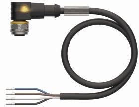 Ein schwarzes, abgewinkeltes Stromkabel mit vier farbigen Drähten am Ende. Das Kabel hat einen metallischen Anschluss.