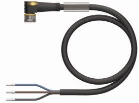 Ein schwarzes elektrisches Kabel mit einem Stecker auf der einen Seite und drei farbigen Adern (blau, braun, weiß) auf der anderen Seite.