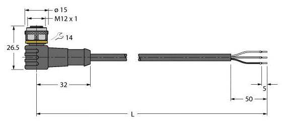 Technische Zeichnung eines gewinkelten Steckers mit Maßen: Gesamtlänge (L), 32 mm und 50 mm Kabel mit 5 mm freiliegenden Drähten.