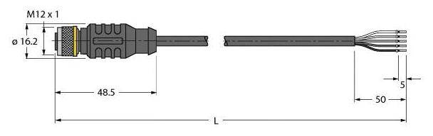 Technische Zeichnung eines M12-Steckers mit Abmessungen: Durchmesser 16,2 mm, Länge 48,5 mm. Kabel mit 50 mm abisolierten Enden.