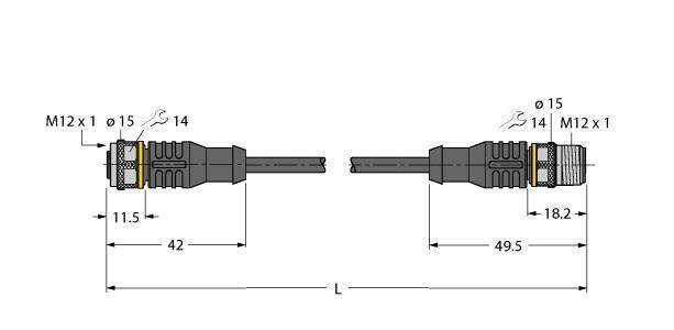 Technische Zeichnung eines Steckers und einer Buchse, M12 x 1. Links: Länge 42 mm, rechts: 49,5 mm. Durchmesser beider: 15 mm.