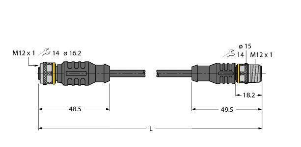 Technische Zeichnung von zwei M12-Steckverbindern mit Abmessungen: 48,5 und 49,5 mm Länge, Durchmesser 14 und 16,2 mm.
