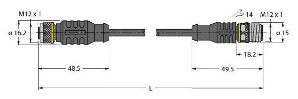 Technische Zeichnung eines M12-Kabelsteckers mit Abmessungen: 48,5 mm links, 49,5 mm rechts, Gesamtlänge 'L', Durchmesser 16,2 mm und 15 mm.