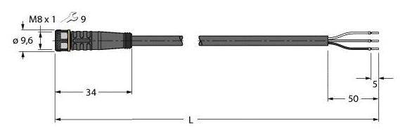 Zeichnung eines Steckersn mit Spezifikationen: M8 x 1-Gewinde, Kabeldurchmesser Ø9,6 mm, Gesamtlänge 34 mm, Kabelende 50 mm.