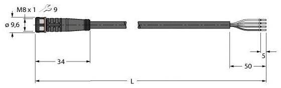 Zeichnung eines Elektroniksteckers: M8 x 1 Gewinde, Gesamtlänge L, Durchmesser 9,6 mm, Kabel 50 mm lang, 5 Adern, 34 mm Steckerlänge.