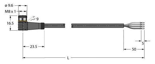 Technische Zeichnung eines Kabelanschlusses mit Abmessungen: 9,6 mm Durchmesser, 16,5 mm Höhe, 23,5 mm Länge bis Stecker, gesamt 50 mm Länge.