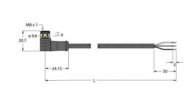 Technische Zeichnung eines M8-Sensors mit metrischen Abmessungen: 20,7 mm Höhe, 24,15 mm Länge, Kabel 50 mm, Gewinde M8 x 1.