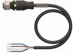 Rundsteckverbinder mit langem Kabel. Drei Adern am Kabelende sind sichtbar: blau, schwarz und braun, jeweils mit Endhülsen.