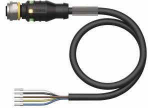 Ein schwarzes Kabel mit fünf unterschiedlich gefärbten Drähten am Ende. Es zeigt einen runden Stecker mit einer Metallverbindung.