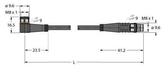 Technische Zeichnung: Zwei Kabelverbinder gegenüberliegend. Links M8 x 1, Länge 23,5 mm, rechts L=41,2 mm, Durchmesser 9,6 mm.