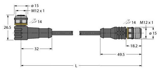 Diagramm von zwei M12-Steckern mit Maßangaben: Länge 32 mm und 49,5 mm, Durchmesser 14 mm und 15 mm. Verbindungskabel in der Mitte.