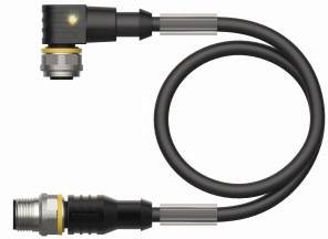 Ein schwarzes Kabel mit L-förmigem Anschluss oben, flachem Anschluss unten und gelben Markierungen an beiden Enden.