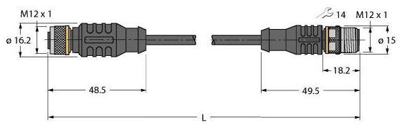 Diagramm zeigt zwei M12-Steckverbinder mit Maßen. Links: Ø16,2 mm, Länge 48,5 mm. Rechts: Ø15 mm, Länge 49,5 mm.