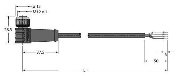 Technische Zeichnung eines Winkelsteckers mit den Maßen 28,5 mm Höhe, 37,5 mm Länge bis zur Kabelverbindung und 50 mm Kabelausgang.