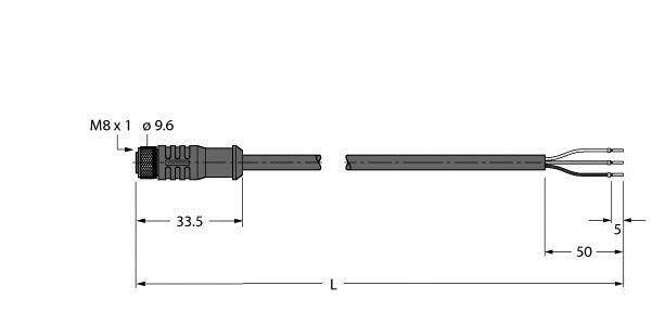 'M8 x 1' Steckverbinder mit Kabel, Gesamtlänge 'L'. Abmessungen: 33,5 mm Steckerteil, 50 mm Kabelenden. Kabelende mit drei Drähten.