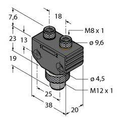 Technische Zeichnung eines T-Stück-Adapters mit metrischen Gewinden. Maße und Gewindegrößen sind angegeben: M8 x 1, M12 x 1.