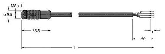 Technische Zeichnung eines Steckverbinders mit Maßen: M8 x 1, Länge 33,5 mm, Durchmesser 9,6 mm, Gesamtlänge 'L', Kabellänge 50 mm.