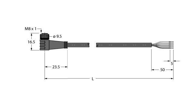 Technische Zeichnung eines M8 Steckverbinders mit den Maßen: Kopf 23,5 mm, Kabel 50 mm bis zum Ende, Gesamtlänge 'L'.