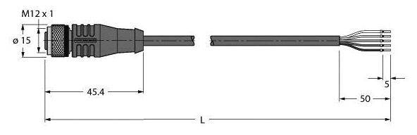 Schwarz-Weiß-Diagramm eines Steckers mit Maßen: Gesamtlänge L, Durchmesser 15 mm, Steckerlänge 45,4 mm, Kabelende 50 mm.