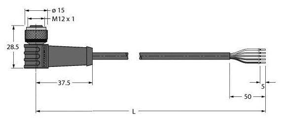 Technische Zeichnung eines Steckers mit Kabel. Links: Stecker mit Maßen 15 Ø, 28,5 Höhe, 37,5 Länge. Rechts: Kabel Länge 50 und L.