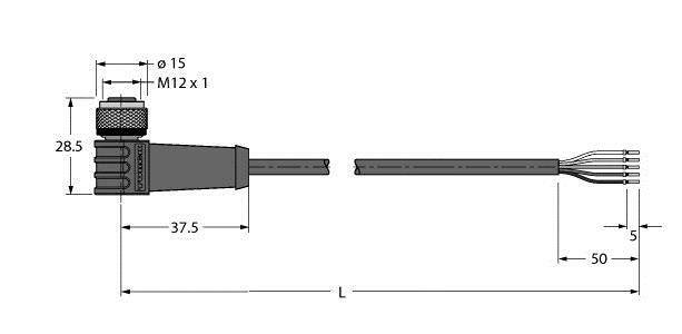 Seitlicher Anschlussplan eines elektrischen Steckverbinders mit Maßeinheiten: Durchmesser 15mm, M12 x 1 Gewinde, verschiedene Kabellängen.