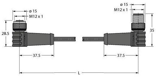 Technische Zeichnung eines Winkelsteckers mit Maßen. Links: Durchmesser 15 mm, Länge 37,5 mm. Rechts: gleiches Steckermodell.