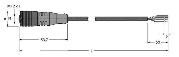 Ein technisches Diagramm eines M12-Steckers mit Abmessungen: 53,7 mm Länge, 15 mm Durchmesser. Es zeigt Verbindungen und Kabellänge.