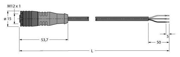 Technische Zeichnung eines M12-Steckers mit Abmessungen: Durchmesser 15 mm, Gesamtlänge 53,7 mm, zwei Kabel 50 mm lang.