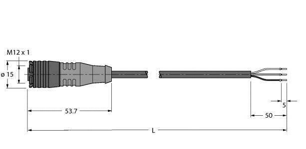 Steckverbindung mit M12 x 1 Gewinde, Gesamtlänge 53,7 mm, Kabeldurchmesser 5 mm, Kabelenden mit abisolierten Adern, Beschriftung der Anschlüsse.