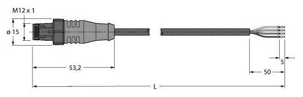 Technische Zeichnung eines M12-Steckers mit Kabel. Maße: Durchmesser 15 mm, Länge des Steckers 53,2 mm, zwei Kabellängen 50 mm, Gesamtlänge L.