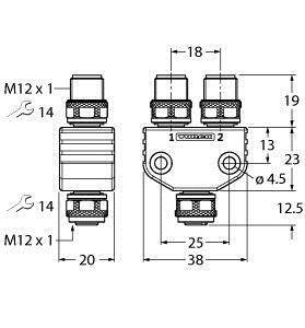 Technische Zeichnung eines Verbindungsstücks mit Maßen: Breite 38 mm, Höhe 19 mm; Anschlüsse und Gewindemaße M12x1 sind angegeben.