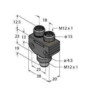 Technische Zeichnung eines dreifachen M12 Steckverbinders mit Maßangaben in Millimetern. Zeigt Positionen der Anschlüsse und detaillierte Abmessungen.