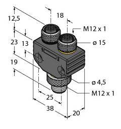 Technische Zeichnung eines Steckverbinders mit Maßen: Höhe 38 mm, Breite 35 mm, M12x1 Gewindeanschlüsse und Durchmesserangaben.