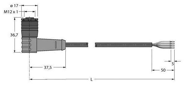 Technische Zeichnung eines elektrischen Steckverbinders mit Kabel. Maße: 36,7 mm Höhe, 37,5 mm Länge, und 50 mm Kabelabschlussschnitt.
