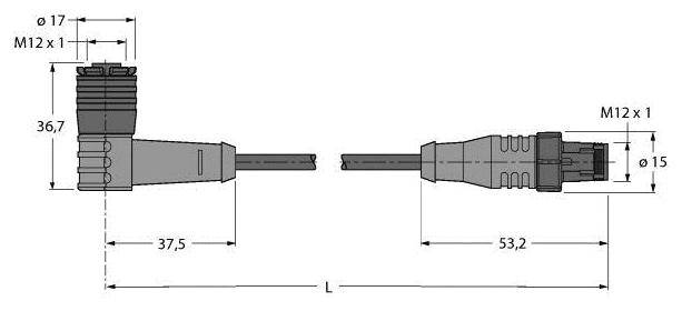 Technische Zeichnung eines rechtwinkligen M12-Steckverbinders mit Maßen. Zeigt seitliche und frontale Ansicht mit Abmessungen.