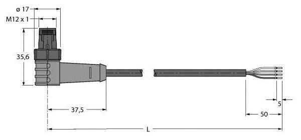 Technische Zeichnung eines Kabels mit Winkelstecker. Abmessungen: M12 x 1, Länge 37,5 mm. Detailansicht der internen Verdrahtung.