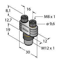 Technische Zeichnung eines Steckverbinders mit M8 und M12 Gewinden, Abmessungen in Millimetern: 8,1, 12,7, 16, 19, 30, und 9,6 Durchmesser.