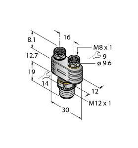 Technische Zeichnung eines Rohrverbindungsstücks mit Abmessungen: Höhendaten 8,1, 12,7, 19, 14, 30 mm; Anschlüsse M8 x 1 und M12 x 1.