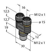 Technische Zeichnung eines M12 Steckers mit Gewindemaßen in Millimetern, zeigt Anschlüsse, Abmessungen und Geometrie des Steckers.