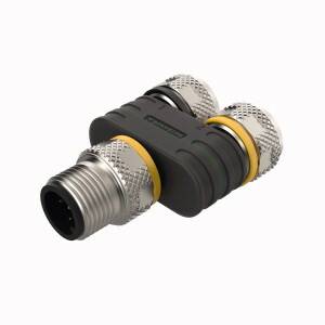 Zweifach-Verteiler mit M12-Stecker und zwei Buchsen, silberne und graue Metallummantelung, gelbe Dichtungen, für industrielle Anwendungen.