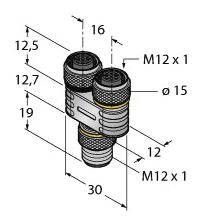 Technische Zeichnung eines Steckers mit M12 x 1 Gewinde. Maße und Durchmesser sind angegeben: 16, 12,5, 12,7, 19, 12, Ø15, 30.