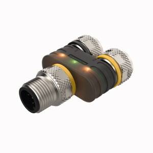 Ein Metalladapter mit zwei Buchsen und einem Stecker, geeignet für industrielle Anwendungen. LEDs zeigen den Verbindungsstatus an.